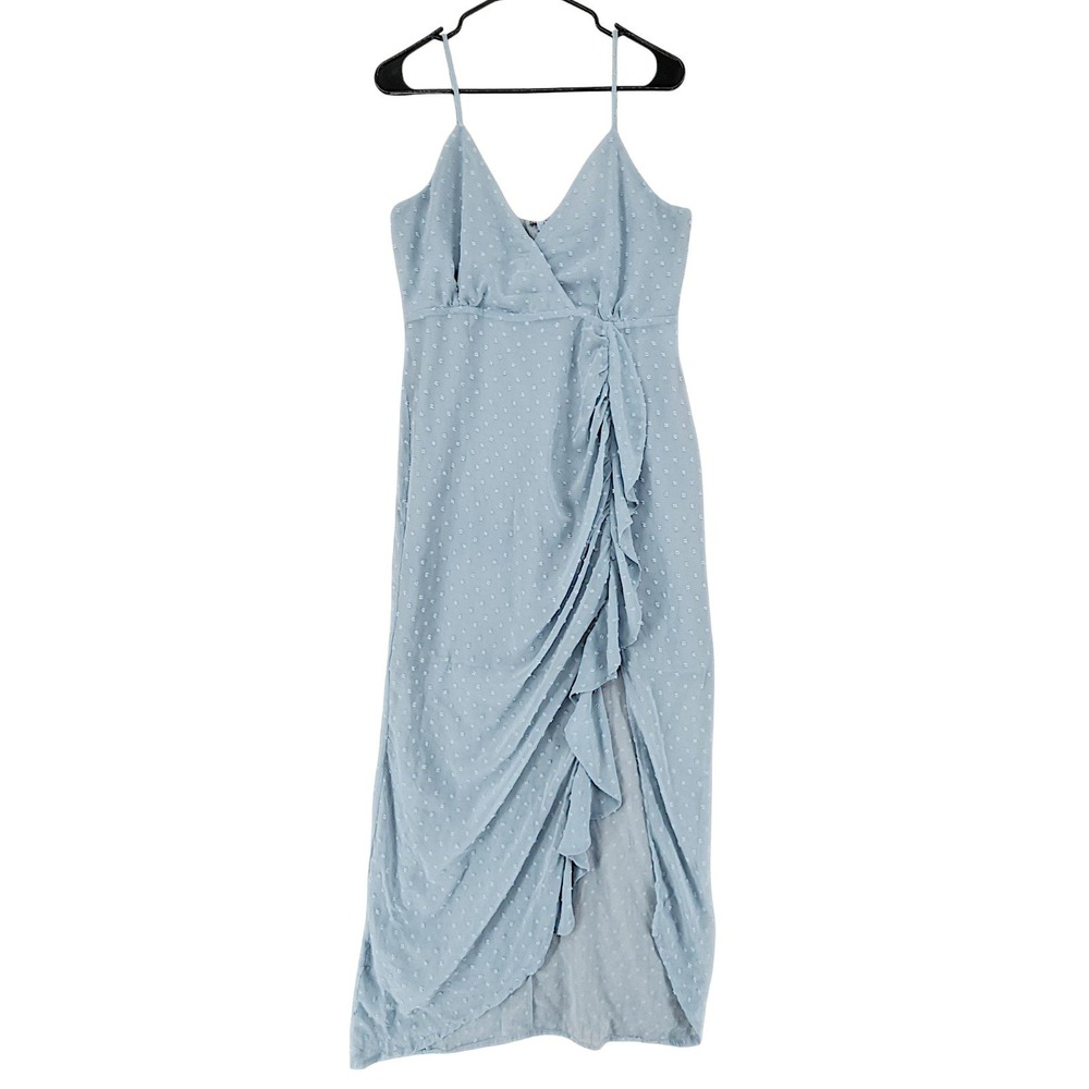Lulus Midi Dress L Light Blue Swiss Dot Ruffle Faux Wrap High Low Wedding Fairy